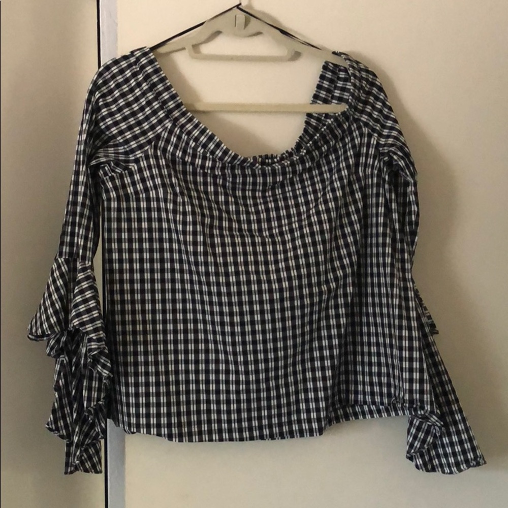 Off-shoulder gingham-style plaid top -stretchy!